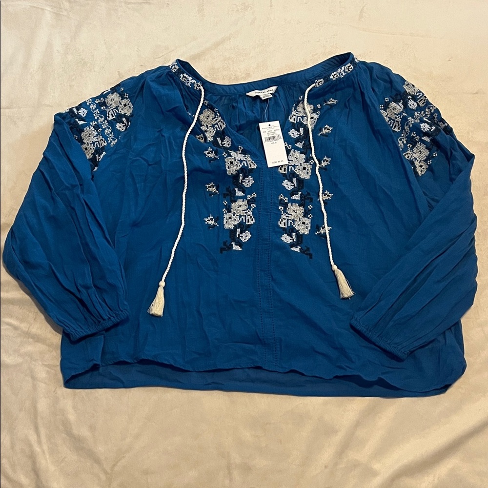 American Eagle Outfitters Blue Embroidered Blouse